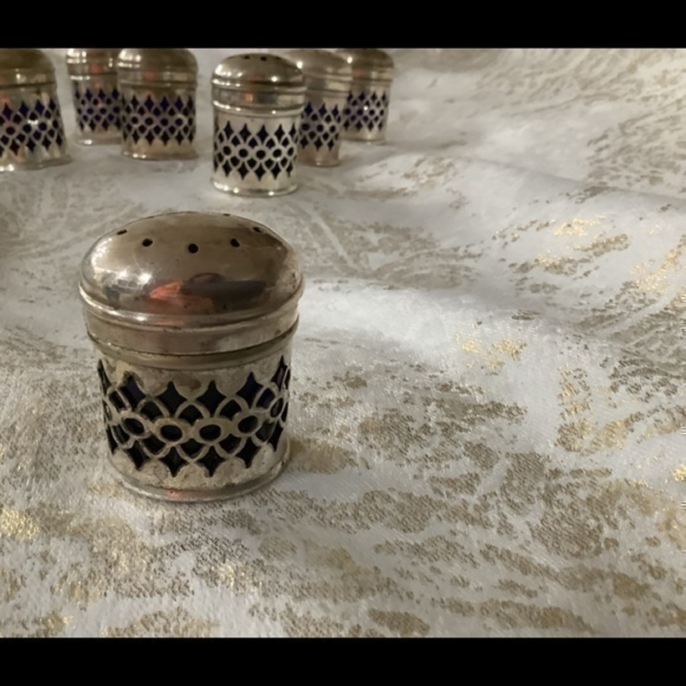 8 Vintage Silver W/ Cobalt Blue Glass Personal Salt Shakers.  Rare